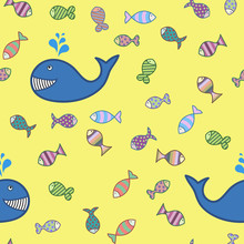 Small Fish And Whale Pattern On A Yellow Background