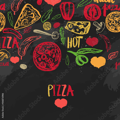 Board z aluminiowym obramowaniem Menu pizza z oliwkami, słowami, pomidorami i plasterkami na ciemnym tle na banery, papier pakowy.