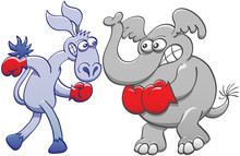 Menacing Elephant And Donkey Clenching Their Teeth, Wearing Red Boxing Gloves And Preparing To Fight 