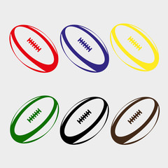 Poster - Set of balls for Rugby, American football, red, blue, yellow, green, black, brown.