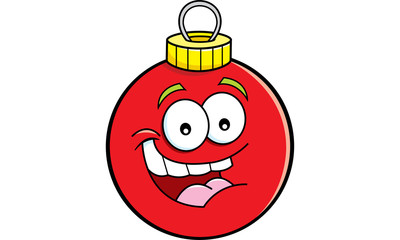 Cartoon illustration of a smiling Christmas ornament.