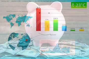 Wall Mural - Business accounting concept. Pig money box and dollar banknotes on wooden wall background