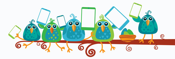 Wall Mural - group of birds sitting on branch hold smart cell phone tablet computer