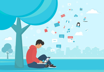 Wall Mural - young man sitting in the park under a tree and working with laptop. flat modern illustration of soci