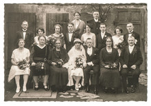 Old Family Wedding Photo. Antique Fashion Dress