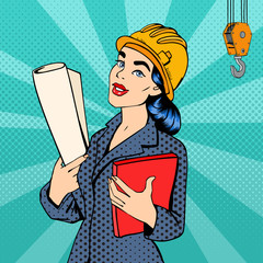 Business Woman. Woman Engineer. Woman in Helmet with Documents. Pop Art Banner