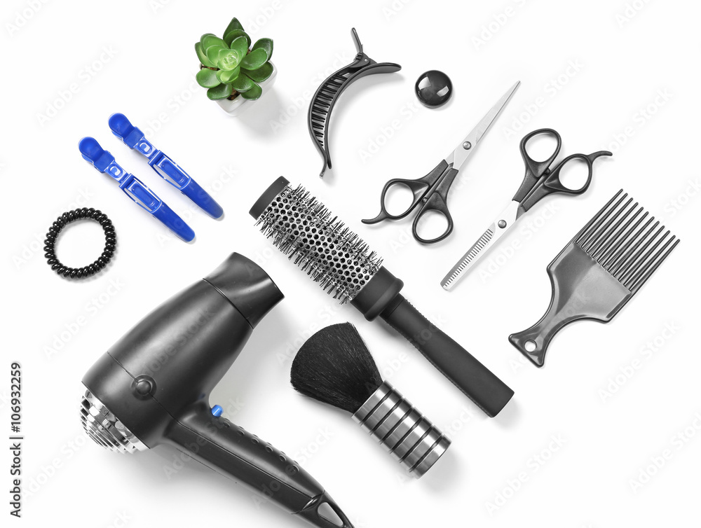 Barber set with tools and equipment, isolated on white