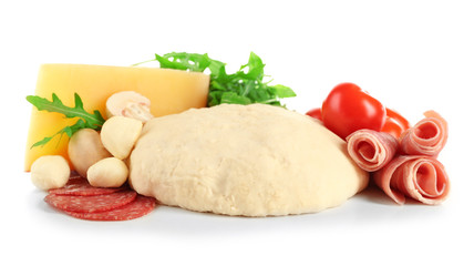 Sticker - Fresh dough and other different ingredients for pizza isolated on white