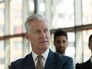 portrait of senior businessman as leader  with staff in backgrou