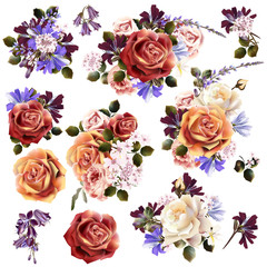 Poster - Collection or set of realistic vector flowers for design