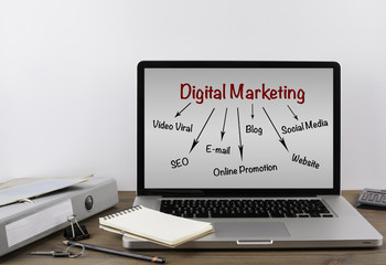Wall Mural - office desk with a laptop. digital marketing concept