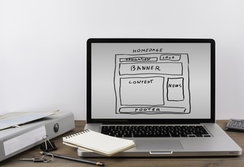 Wall Mural - office desk with a laptop. website wireframe