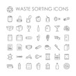 Set of garbage separation recycling related waste sorting outline icons vector. 