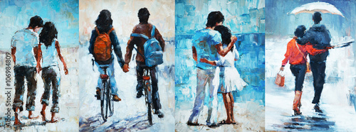 Fotomural man and woman go under an umbrella, , oil painting