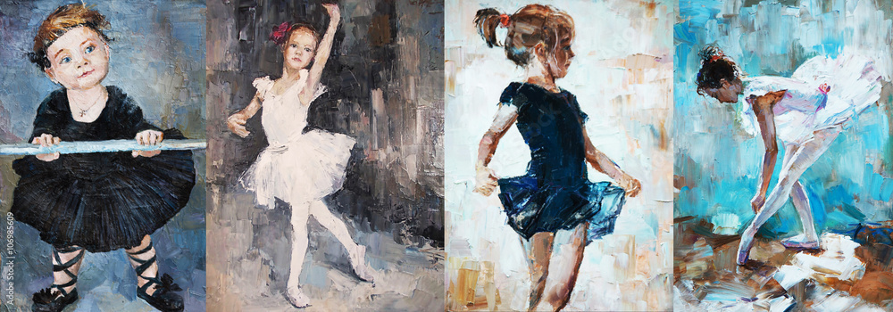 oil painting, girl ballerina. drawn cute ballerina dancing 4 in 1 collage - obrazy, fototapety, plakaty 
