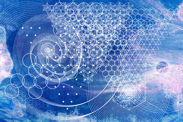 Wall Mural - Sacred geometry symbols and elements background. Alchemy, religion, philosophy, astrology and spirituality themes. Matter, space and time. Science in Universe. Golden ratio.