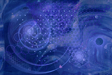 Wall Mural - Sacred geometry symbols and elements background. Alchemy, religion, philosophy, astrology and spirituality themes. Matter, space and time. Science in Universe. Golden ratio.