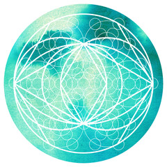 Wall Mural - Sacred geometry symbol on colorful watercolor round background. Alchemy, religion, philosophy, astrology and spirituality themes. Matter, space and time. Science in Universe