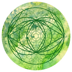 Wall Mural - sacred geometry symbol on colorful watercolor circuar background. alchemy, religion, philosophy, ast