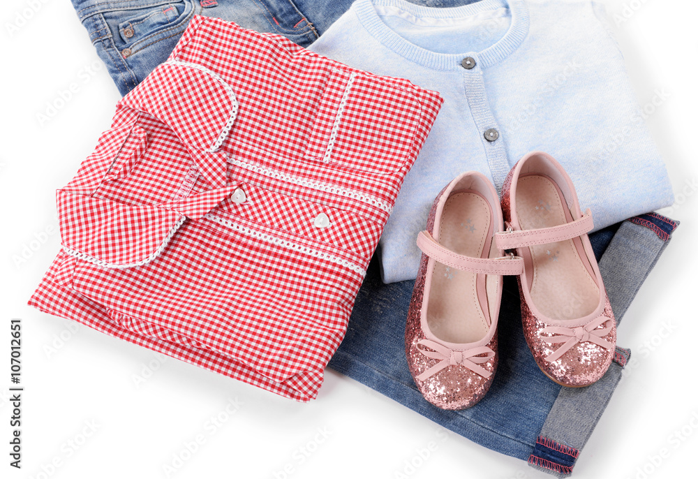 Stylish casual clothes for girls, isolated on white
