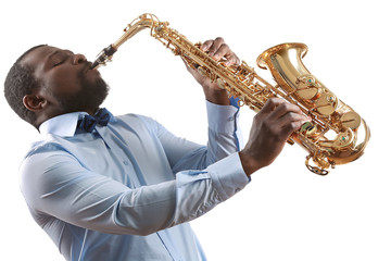 African American jazz musician playing the saxophone, isolated on white