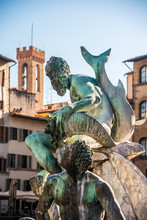 Neptune Fountain In Florence, Italy. One Of The Main Attraction On Piazza Della Signoria, Was Build In 16th Century By Sculptor Bartolomeo Ammannati.