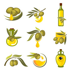 Wall Mural - fresh olive fruits and oil bottles symbols