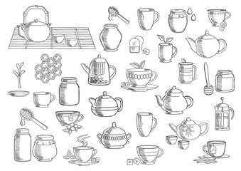 Fototapete - Tea and beverages hand drawn objects