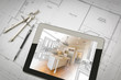 © Andy Dean - Computer Tablet Showing Kitchen Illustration On House Plans, Pencil and Compass