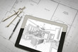 © Andy Dean - Computer Tablet Showing Kitchen Illustration On House Plans, Pencil and Compass