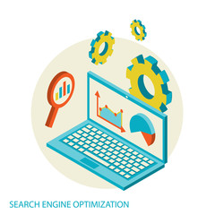 Wall Mural - Isometric design modern illustration concept of website analytics and SEO data analysis using modern electronic and mobile devices