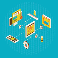 Wall Mural - isometric design modern illustration concept of website analytics search information and computing data analysis using modern electronic and mobile devices