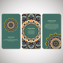 Wall Mural - Set of ornamental cards, flyers with flower mandala in turquoise, dark blue, orange  colors. Vintage decorative elements. Indian, asian, arabic, islamic, ottoman motif. Vector illustration.