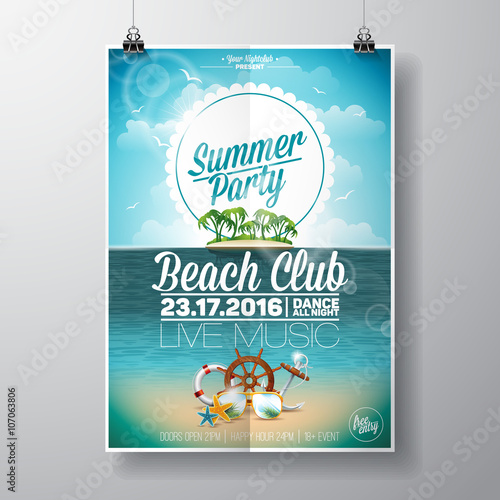 Vector Summer Beach Party Flyer Design with typographic elements on ocean landscape background. © articular