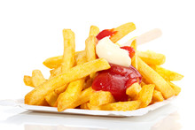 Pommes Frites Mit Ketchup Und Mayonnaise