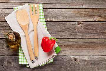 Poster - Cooking utensils and ingredients on wooden table