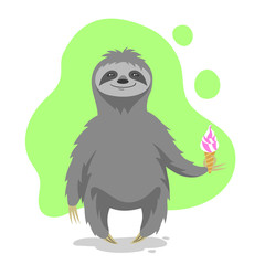 Canvas Print - Vector illustration of happy cute sloth holding an ice cream 