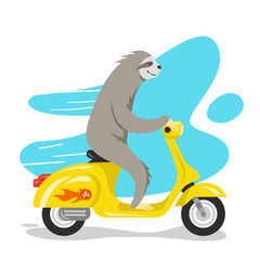 Canvas Print - Vector illustration of happy cute sloth riding on scooter. 