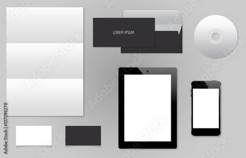 Download Empty Set Mockup Of Firm Style And Corporate Identity Elements Template For Branding And Identity Consists Of The Elements Paper A4 Letterheads Cd Business Card Envelope Tablet And Phone Stock Vector