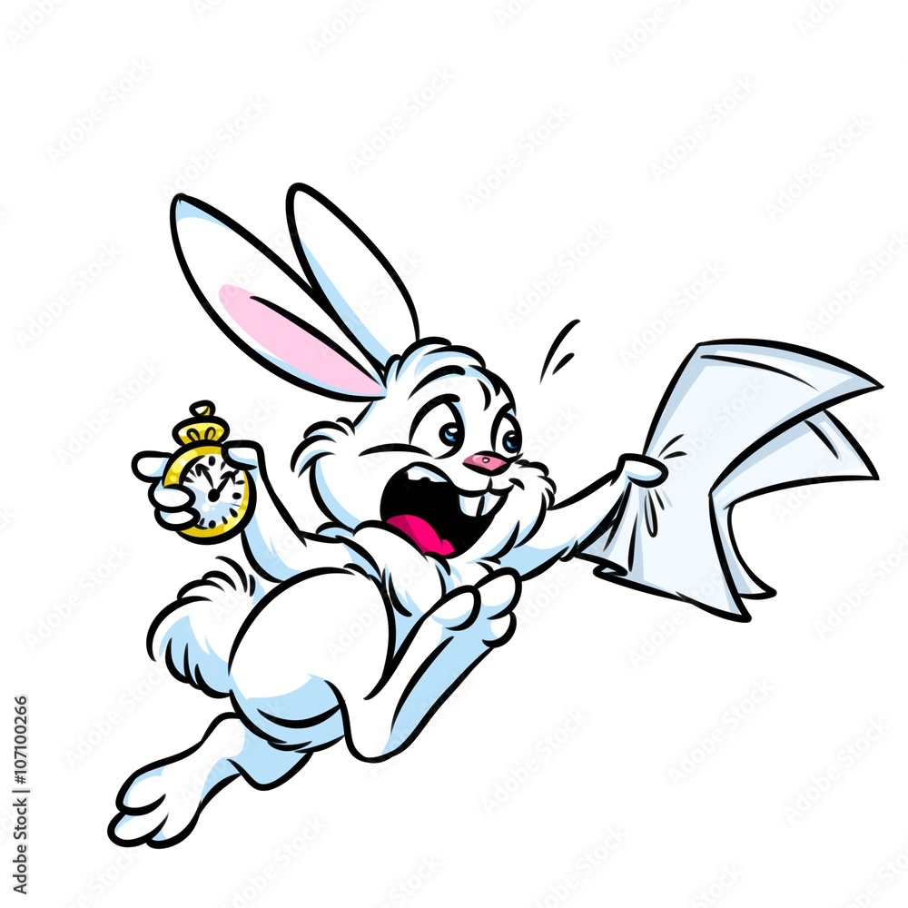 White Rabbit Alice be late clock time cartoon illustration isolated ...