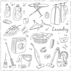 Laundry themed doodle set. Various equipment and facilities for washing, drying and ironing clothes.