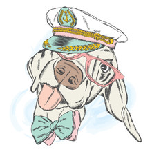 Cute Dog In The Captain's Cap. Captain. Sailor. Vector Illustration.