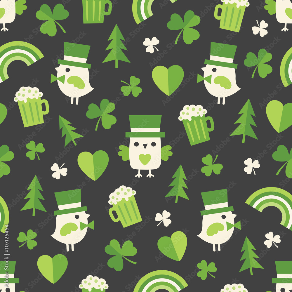 Seamless background pattern with cute Irish icons in green and black. St  Patrick's Day, giftwrap, wallpaper, textiles. Stock Vector