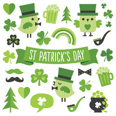 Set of cute Irish elements, symbols, icons for Saint Patrick's Day, in modern flat style, with ribbon banner, isolated on white. Design elements for Irish posters, greeting cards or banners.