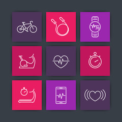 Poster - cardio, fitness, heart training, square line icons, pictograms, vector illustration