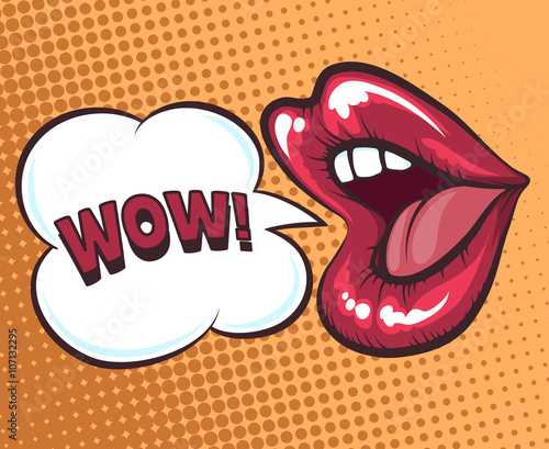 Mouth with speach bubble. Wow and female mouth in pop art style concept
