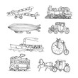 Retro transport. Old times. Airplane, locomotive, zeppelin, automobile, steamboat, bicycle, tram, diligence. Vector. Isolated on a white background. Doodles. Sketch.