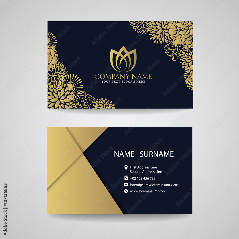 Business card - gold floral frame and lotus logo and gold paper on dark blue background - obrazy, fototapety, plakaty 