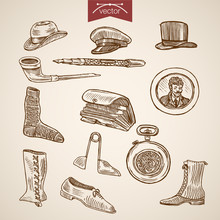 Victorian Clothes Hat Socks Boots Clock Engraving Vintage Vector