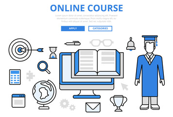Wall Mural - online education study course concept flat line art vector icons